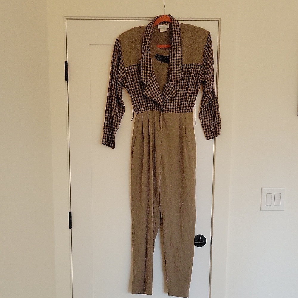 VTG Lew Magram Chic Tan Plaid Jumpsuit